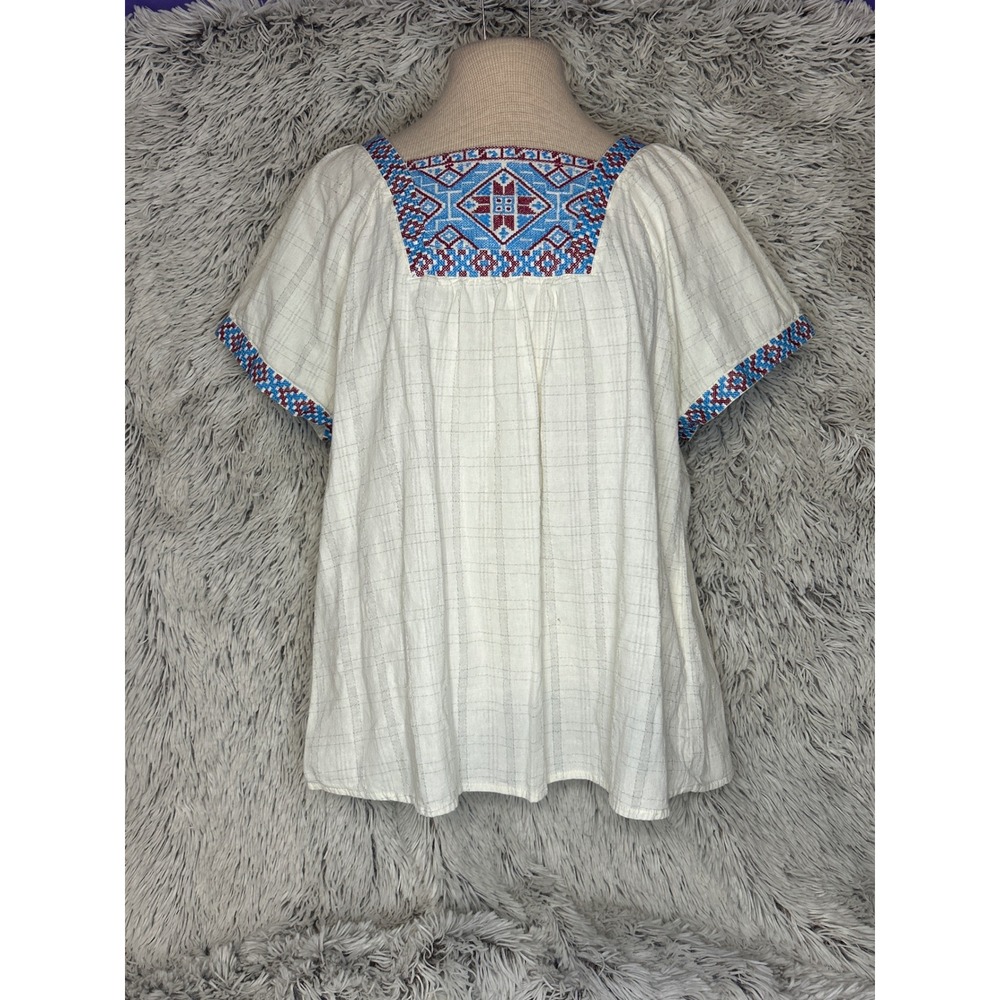 FSL Apparel Boho Cream Embroidered Cotton Peasant Blouse Square Neck Flowy Sz M